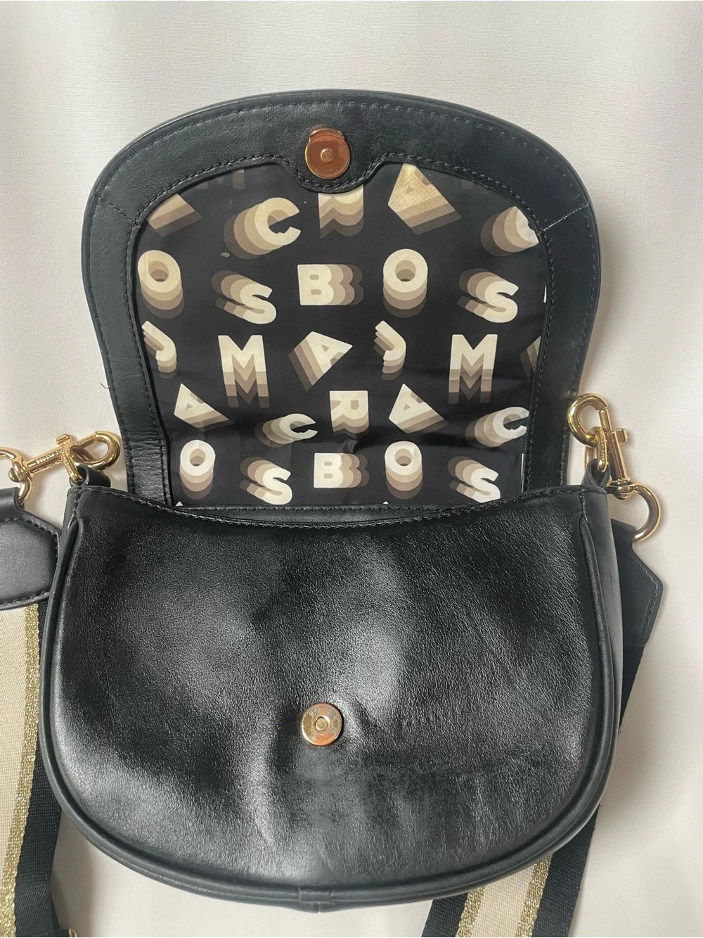 Marc Jacobs Black Leather Saddle Crossbody Bag Striped Guitar Strap